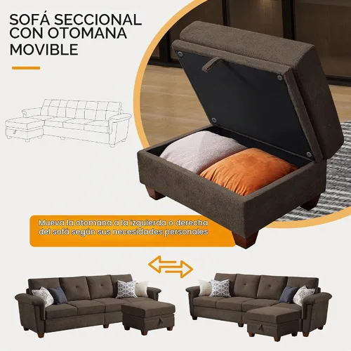 Vista 5 de Sofá Seccional Convertible con Almacenamiento, Sofá en Forma de L de 4 Asientos con Chaise y Portavasos, Sofás Modernos de Tela de Microfibra