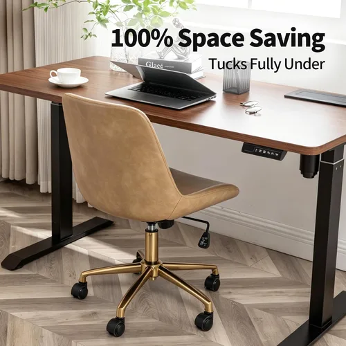 Vista 7 de DUHOME Silla de oficina de cuero PU con ruedas Silla de escritorio de Camel con base dorada
