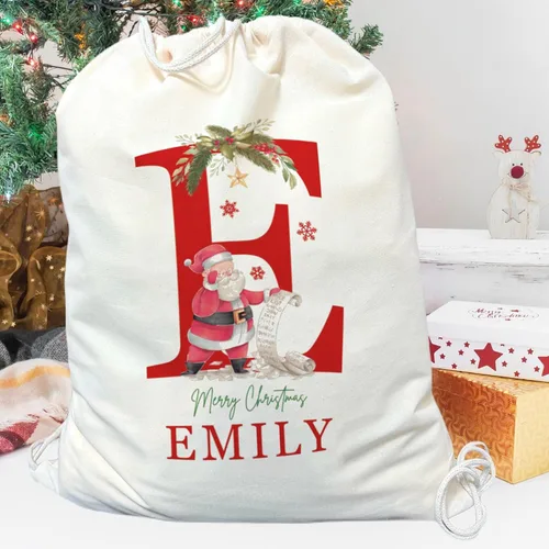 Vista 4 de Saco de Papá Noel personalizado con inicial y nombre para niños, bolsas de regalo de Navidad personalizadas para regalos de vacaciones, caja