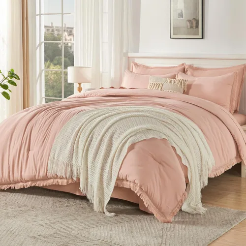 Vista 11 de Andency Juego de ropa de cama con edredón tamaño matrimonial beige con sábanas - 7 piezas, estilo bohemio con borlas, ropa de cama ligera en una 01