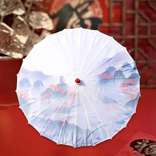 Vista 2 de Paraguas de papel de aceite de estilo oriental, paraguas de baile antiguo, impermeable, 33 pulgadas, paraguas de papel aceitado chino