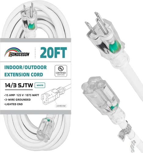 Vista 29 de Cable de extensión resistente a la intemperie con extremo iluminado, certificado UL, calibre 10, 3 pies, color blanco, 3 clavijas, resistente, cable