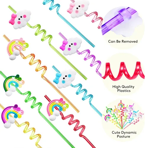 Vista 4 de Suministros para fiesta de cumpleaños de arco iris, pajitas de plástico para beber, 24 para niños y niñas, decoraciones de fiesta de nube arcoíris