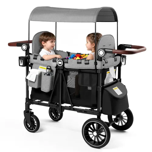 Vista 11 de Kinder King Cochecito Wagon para 4 niños, mango ajustable, gris