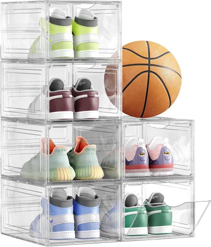 Vista 9 de SONGMICS Cajas de zapatos, organizadores de zapatos transparentes, juego de 6, almacenamiento de zapatos de plástico con puerta transparente, fácil