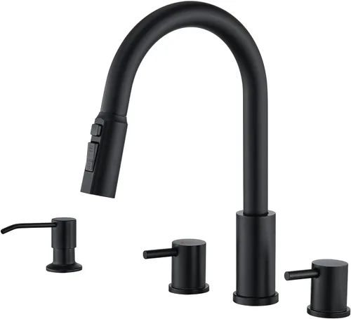 Vista 8 de Tohlar Grifo de cocina de 4 agujeros, grifo de cocina dorado cepillado con dispensador de jabón y rociador extraíble, 3 modos, grifo de fregadero