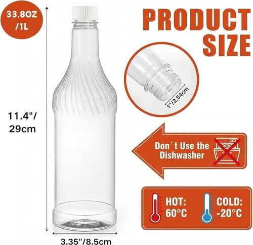 Vista 2 de Noamus Paquete de 8 botellas de refresco de plástico de 33 onzas con tapas, contenedor de jugo de PET transparente vacío reutilizable de 1 litro