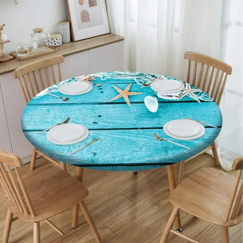 Vista 3 de Mantel redondo ajustable con patrón marítimo, borde elástico, adecuado para catering y cocina, se puede limpiar con el mantel de mesa redonda