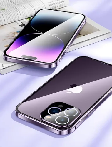 Vista 7 de Funda magnética transparente para iPhone 14 de vidrio con protector de lente de cámara, protector de pantalla integrado sensible al tacto Negro