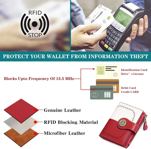 Vista 4 de SENDEFN Carteras pequeñas para mujer, con bloqueo RFID, de cuero, plegable, tarjetero con ventana de identificación, 5-rojo y blanco, Cartera