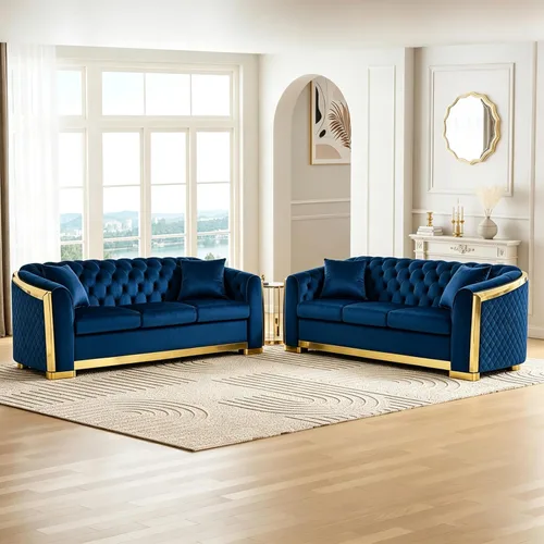 Vista 25 de KEIKI - Juego de sofá de lujo Chesterfield de 2 piezas con 2 sofás de terciopelo de 3 plazas extragrandes, juego de sofá acolchado moderno de 6