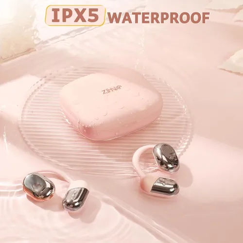 Vista 6 de ZIHNIC Auriculares de oreja abierta, comodidad durante todo el día, batería de 28 horas con uso prolongado, IPX5 impermeable, compatible con Rosa