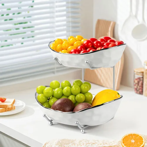 Vista 9 de Frutero para encimera de cocina, cesta de frutas de cerámica de dos niveles, soporte para frutas y verduras frescas, bandejas modernas para servir