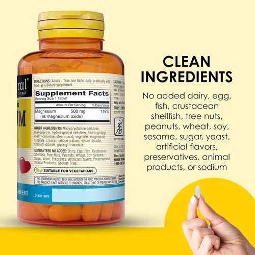 Vista 5 de Mason Natural Magnesio 500 mg Extra Strength, 100, suministro de día, 1 paquete