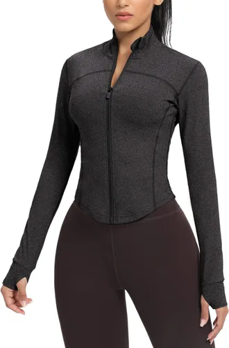 Vista 48 de AVGO Chaquetas de entrenamiento recortadas para mujer, con cremallera, ajustadas, atléticas, con agujeros para el pulgar