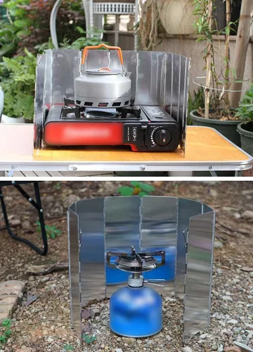 Vista 5 de Parabrisas plegable para estufa al aire libre con bolsa de transporte, 14 placas de aluminio para estufa de campamento, parabrisas ligero
