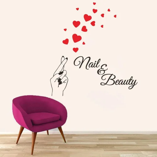 Vista 4 de JWH181 - Adhesivo para pared de uñas y salón de belleza, hermosos dedos y corazones rojos, arte de pared extraíble de PVC para barra de esmalte