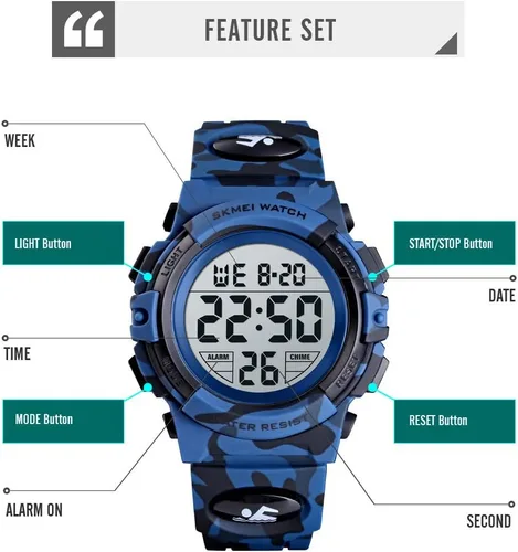 Vista 4 de FIZILI Reloj digital deportivo impermeable para niños, reloj despertador de 1224 H, cronómetro, calendario de 3 a 15 años, reloj de pulsera