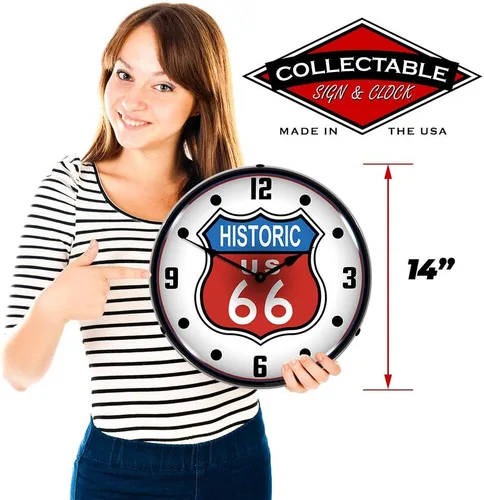 Vista 3 de Historic US Route 66 Reloj de pared LED, Retro/Vintage, iluminado, 14 pulgadas