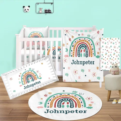 Vista 18 de Juego de ropa de cama para cuna de bebé, 5 piezas, diseño de bolas y arco iris, manta de bebé con nombre personalizado, sábana bajera para cuna