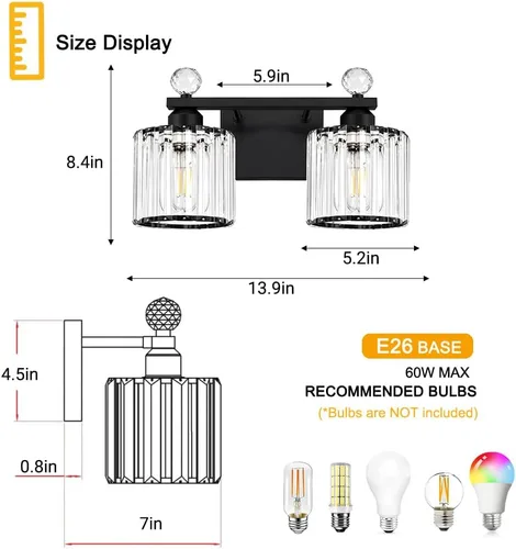 Vista 6 de Lxybcce Moderna lámpara de tocador de baño de cristal, 14 pulgadas, 2 luces, accesorios de luz negra sobre el espejo, fácil instalación e