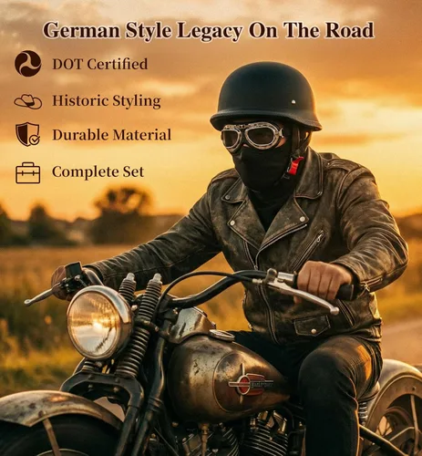 Vista 2 de Casco de motocicleta de estilo alemán aprobado por DOT con gafas y máscara, medio casco retro con hebilla de liberación rápida para motocicleta