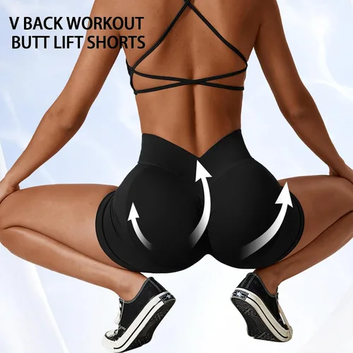 Vista 3 de Pantalones cortos de gimnasio para mujer, sin costuras, con levantamiento de glúteos, pantalones cortos de entrenamiento para yoga, pantalones