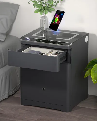 Vista 10 de TIGERKING Caja fuerte biométrica 3 en 1, caja fuerte inteligente para el hogar con estación de carga, cajón de armas, iluminación ajustable segura