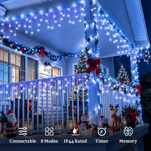 Vista 2 de Luces de carámbano azules y blancas para exteriores, tira de 400 luces LED de 33 pies para interiores, 8 modos conectables, luz de Navidad de Azul