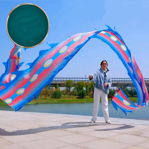 Vista 2 de Juego de Cintas de Dragón 3D Realistas para Ejercicio, Baile al Aire Libre, Lanzamiento de Fitness, Estilo Cuadrado POI Wu Long (5.97m, Fénix Azul)