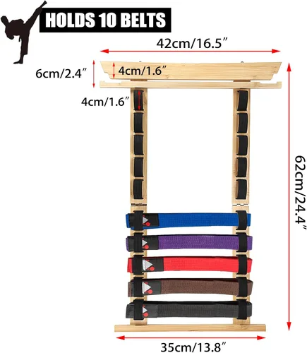 Vista 2 de JUXYES Organizador de cinturones de artes marciales para colgar en la pared, para 10 cinturones con colgador de medallas y calcomanías, soporte