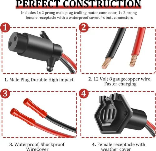 Vista 3 de Enchufe de motor de arrastre, enchufe impermeable de 12V-24V de conexión rápida para barco, conector de motor de arrastre de calibre 8 de 2 cables
