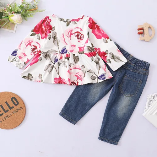 Vista 3 de XUANHAO Ropa de bebé niña de 12, 18 y 24 meses, trajes para niñas pequeñas, ropa de mezclilla con volantes, pantalones de mezclilla rasgados