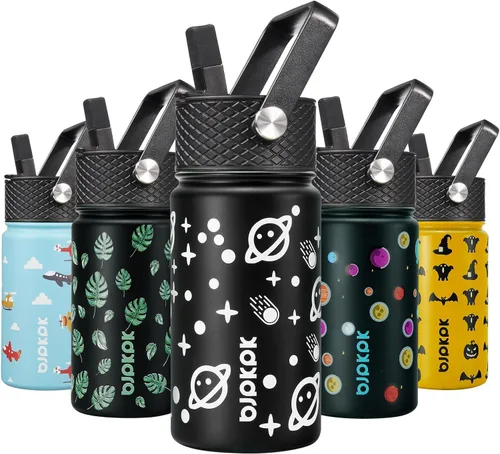 Vista 55 de BJPKPK Botella de agua con tapa con pajilla, botella de agua aislada de 15 onzas, botellas de agua de metal de acero inoxidable, termo reutilizable