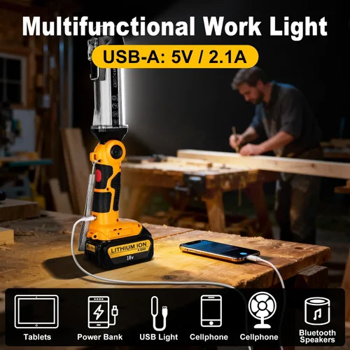 Vista 3 de DTEZTECH Luz de trabajo LED para batería Dewalt de 14.4 V-20 V Max, linterna inalámbrica multifuncional de 2000 lm para exteriores, 25 W, adecuada