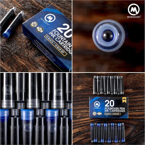Vista 4 de MONAGGIO Cartuchos de tinta negra y azul para plumas estilográficas. Paquete grande de 20 cartuchos cortos de tamaño estándar internacional.