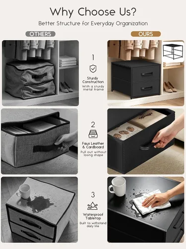 Vista 5 de Homsorout 2 Drawers for Closet -Small Fabric Dresser Closet Storage 1 Pack Black, Stackable Storage, Wooden Top & Metal Frame, Closet Drawer