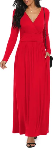 Vista 7 de LILBETTER - Vestido largo de manga larga, cuello en V profundo, holgado, liso y casual para mujer Verde militar