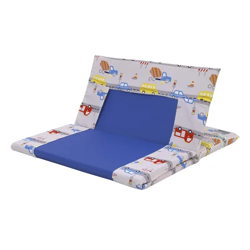 Vista 4 de Everything Kids Hoja de almohadilla para siesta preescolar roja, amarilla y azul para construcción, autobús, camión y automóvil Construcción