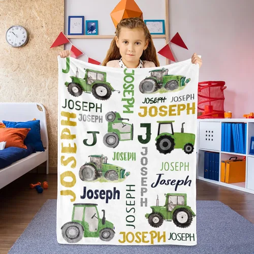 Vista 2 de Manta personalizada de camión tractor con nombre para bebés niños, manta con nombre personalizada de camiones para niños, mantas de franela suave