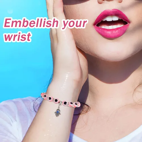 Vista 3 de 6 pulseras con cuentas contra el mal de ojo azul, pulsera elástica Hamsa con cuentas de ojo azul, pulsera elástica de la mano de Fátima, pulsera
