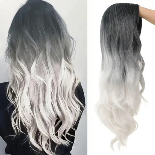 Vista 15 de Tseses Pelucas largas y onduladas de color azul degradado para mujer, pelucas de cabello sintético con raíces oscuras, cosplay, fiesta de Halloween