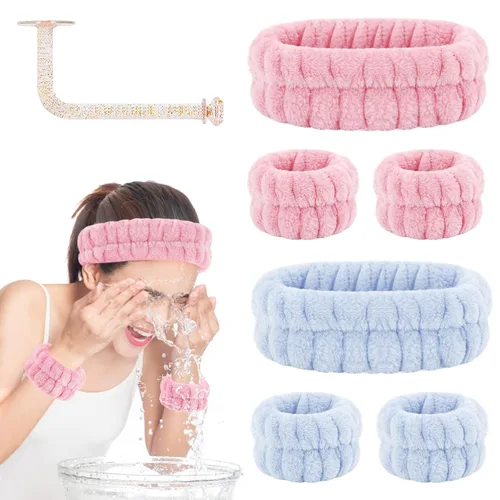 Vista 10 de CERETIA Juego de lavado facial – diadema, pulseras con soporte, toallas de muñeca de spa absorbentes de microfibra