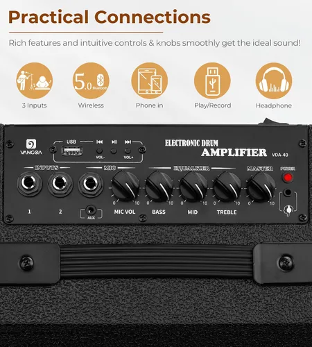 Vista 3 de Vangoa Amplificador de Batería Eléctrica 40W Profesional, Altavoz, 3 Entradas, Ecualizador de 3 Bandas Inalámbrico para Monitor de Batería