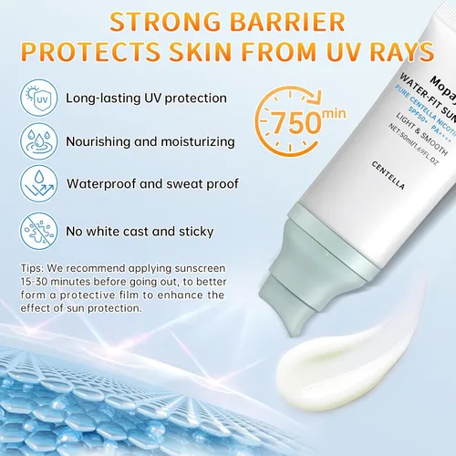 Vista 3 de Centella - Protector solar SPF 50, protector solar Hyalu Cica para cara, resistente al agua, fuerte protección UV, sin yeso blanco, protector solar