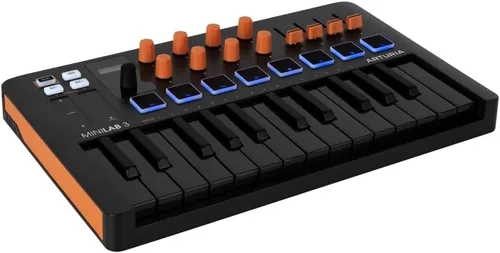 Vista 5 de Arturia MiniLab 3 - Teclado MIDI compacto y controlador de almohadilla Paquete naranja con cable MIDI de 6 pies + paño de limpieza de microfibra