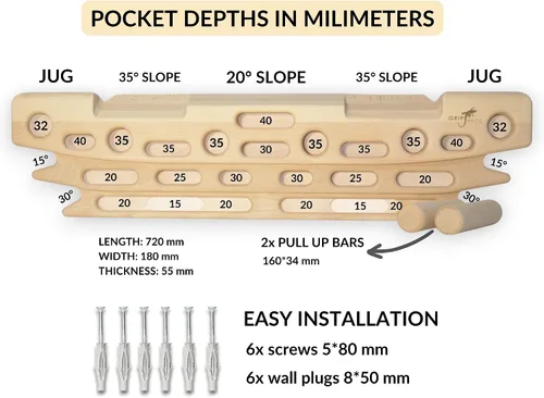 Vista 2 de FingerPeg 1.0 Hangboard – Tabla de entrenamiento de fingerboard para escalada con barras de dominadas – Elegante tabla de escalada de madera