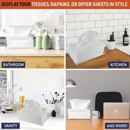 Vista 4 de Soporte acrílico para caja de pañuelos, dispensador transparente para pañuelos faciales, servilletas y hojas de secadora. Perfecto para baños
