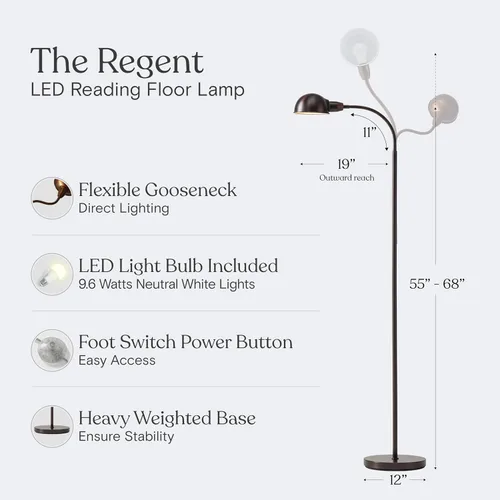 Vista 3 de Brightech Regent LED Floor Lamp, Free Standing Corner Pole Light with Adjustable Gooseneck, Tall Bright Skinny Pharmacy Lamp for Office Desk, Living