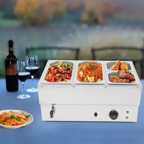 Vista 6 de Calentador de sopa de alimentos de 110 V, 4 sartenes, mesa de acero inoxidable de grado alimenticio, encimera comercial, cafetería de buffet